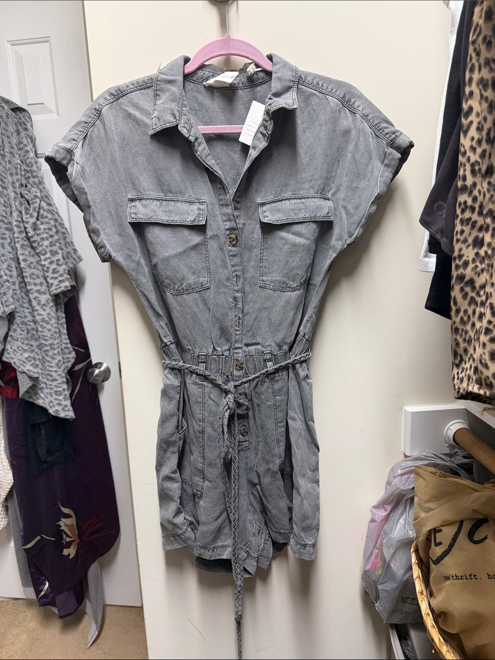 Nicole Miller Gray Denim Utility Romper